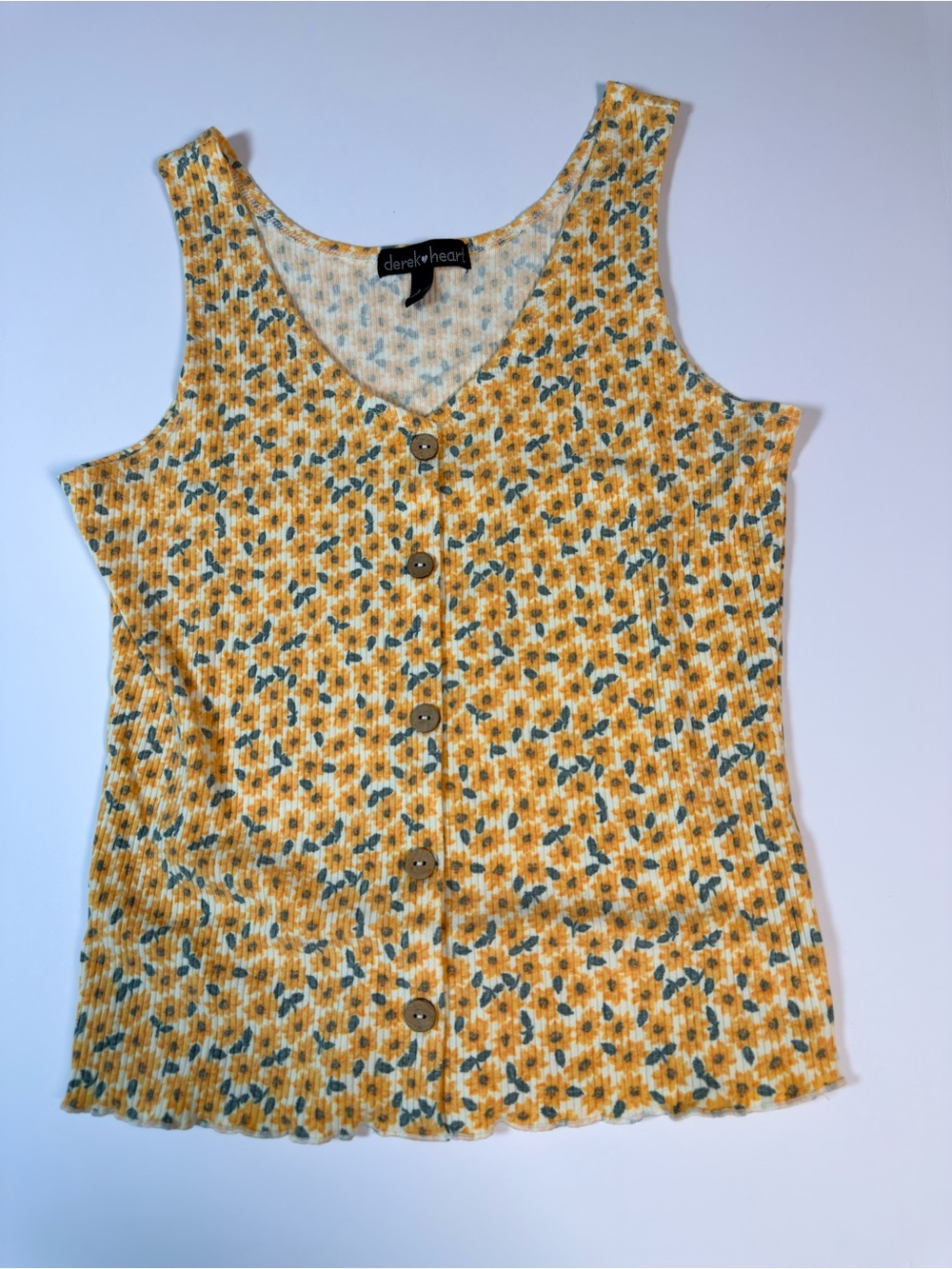 Derek Heart Large Mustard Floral Ribbed Button Front Tank Top